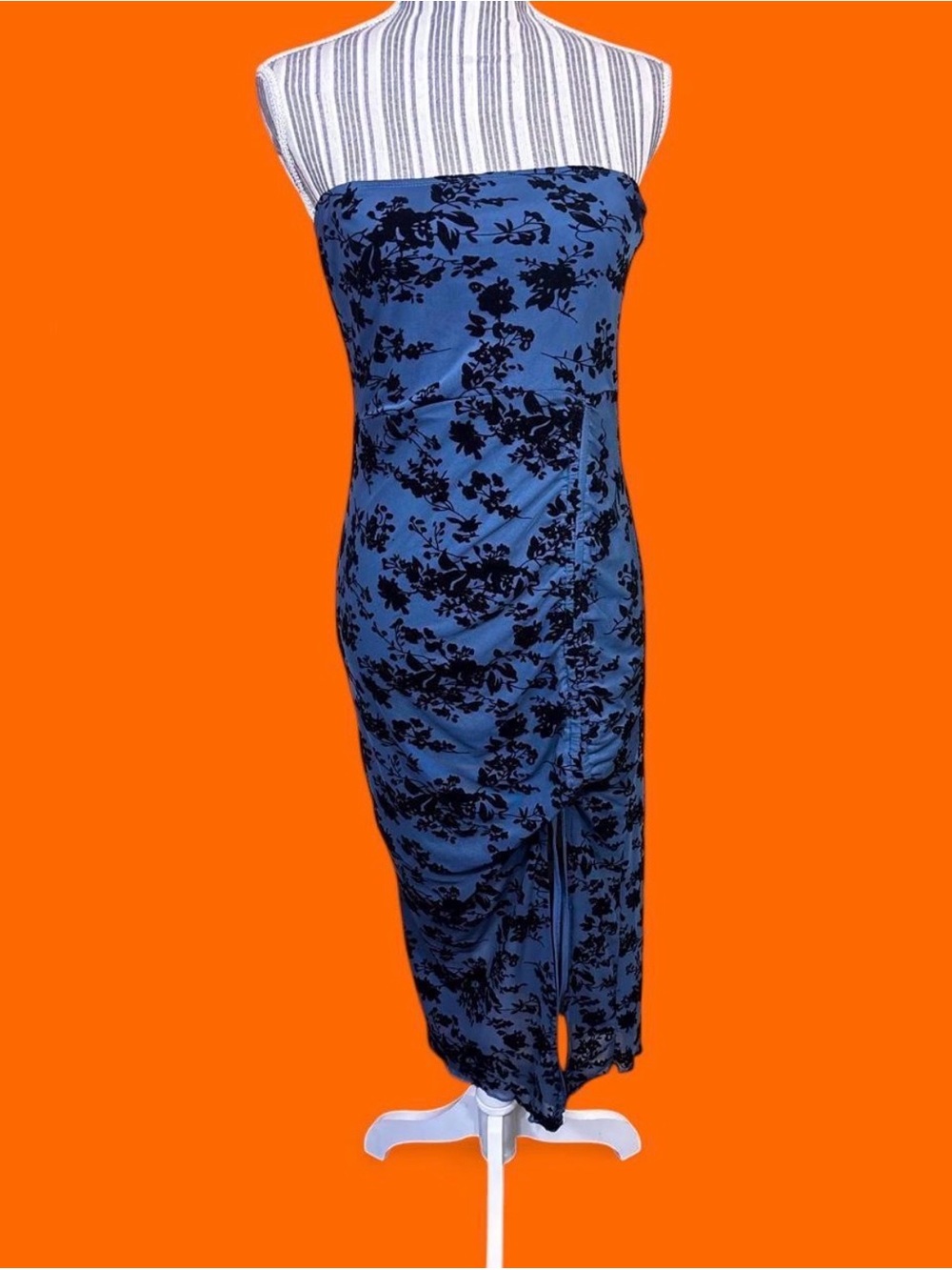 Micromesh and velvet floral print strapless sexy bodycon ruched dress size M